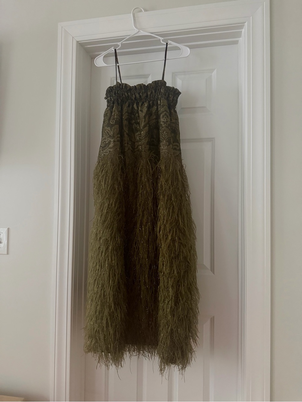 Ganni Olive Green Feather-Trim Smocked Dress
